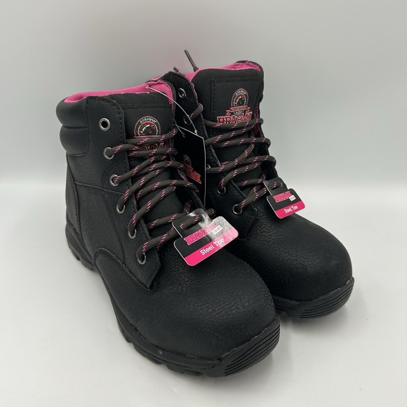 Brahma Women's Steel Toe Boots Size 5.5 Lace Up Work Safety Black With Pink - Picture 1 of 7